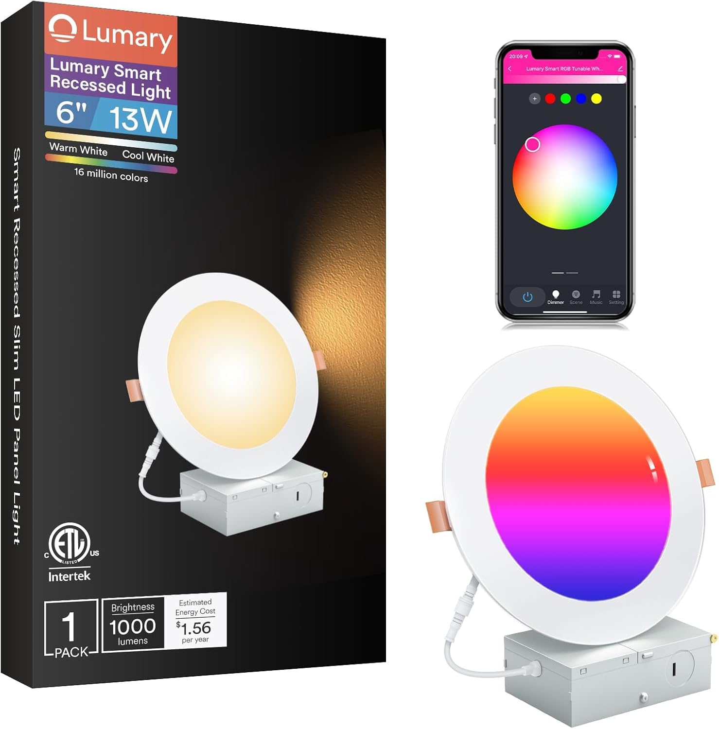 Lumary Smart Recessed Lighting 6 Inch, Color Changing LED Downlight 13W 1000LM, Wi-Fi Bluetooth Soffit Lights with J-Box, Compatible with Alexa/Google Assistant/BT Remote, ETL Listed, 1 Pack Lumary Smart Recessed Lighting 6 Inch, Color Changing LED Downlight 13W 1000LM, Wi-Fi Bluetooth Soffit Lights with J-Box, Compatible with Alexa/Google Assistant/BT Remote, ETL Listed, 1 Pack