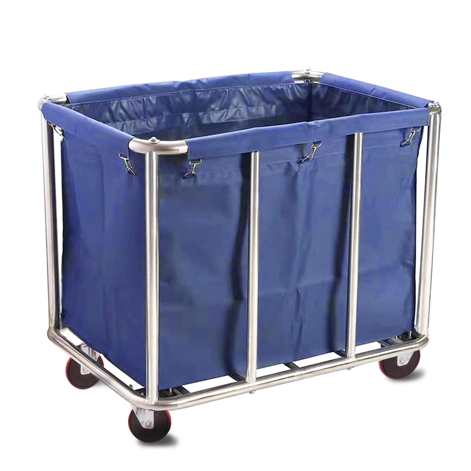 Commercial Laundry Cart with Wheels, 11.35 Bushel Large Laundry Tumbler with Removable Waterproof Canvas Lined Basket, Heavy Duty Stainless Steel Laundry Basket for Hotels and Hospitals