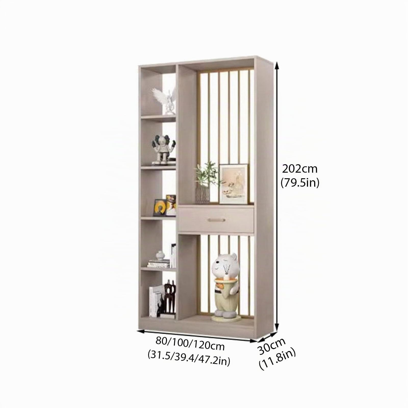 Divisorio per Ambienti in Legno Autoportante Alto 202 cm (79,5 pollici) con Ripiani e Cassetti, Separatore Aperto per Ingresso, Adatto per Casa e Ufficio(A,80cm/31.5in)