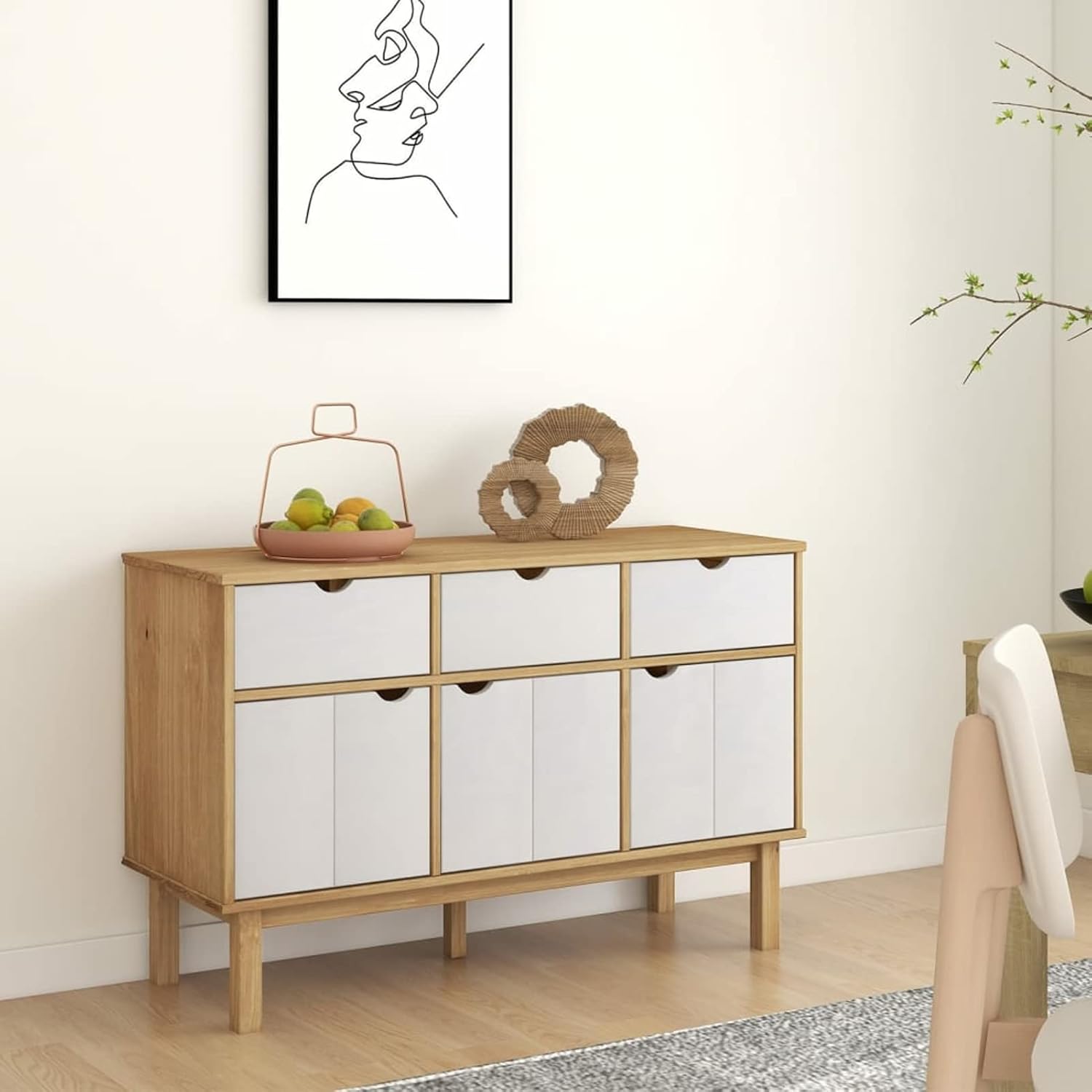 Festnight Aparador Alacena de Cocina de Maciza de Pino Aparador de Cocina con 3 Cajones 3 Puertas y Estantes Mueble Auxiliar de Almacenaje para Comedor Salón Estilo 114x43x73,5 cm Marrón y Blanco