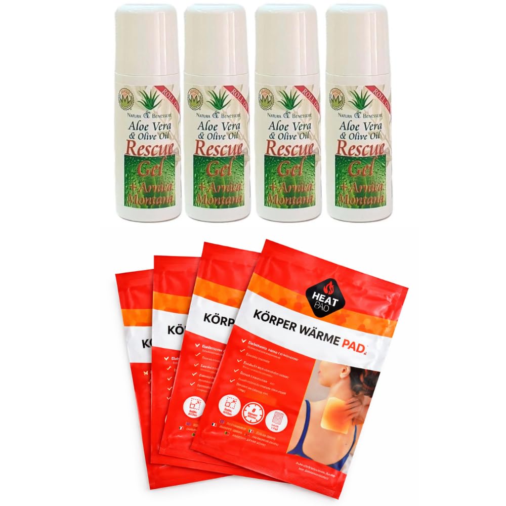 Roll On ResCue Gel Aloe Vera Pack Alivio Muscular – 4 Roll-On Aloe Vera Árnica Montana + 4 Parches Térmicos – Gel Refrescante y Calor Terapéutico para Dolor Muscular, Cervicales, Espalda y Articulac