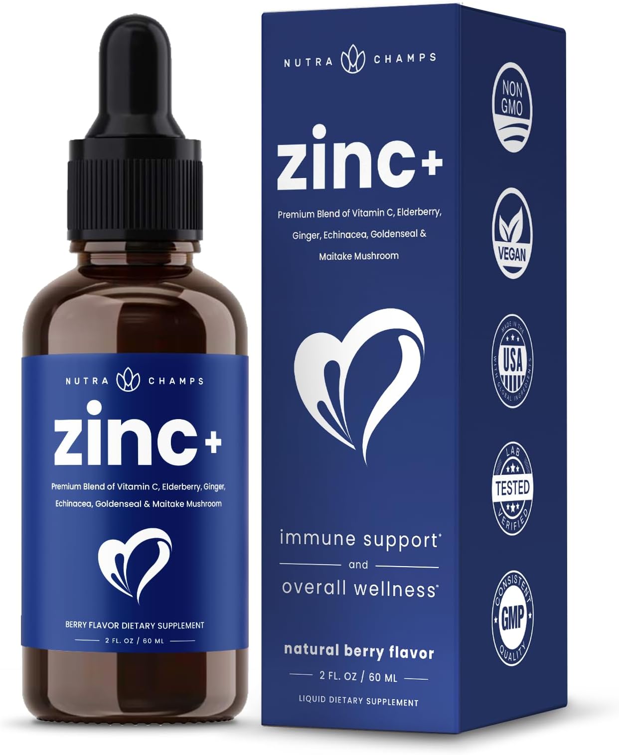 Zinc Liquid Supplement | 7-in-1 Immune Support System Boost with Elderberry, Vitamin C, Echinacea & More | Ionic Concentrated Mineral Drops for Men, Women & Kids, 2 oz Berry Flavor