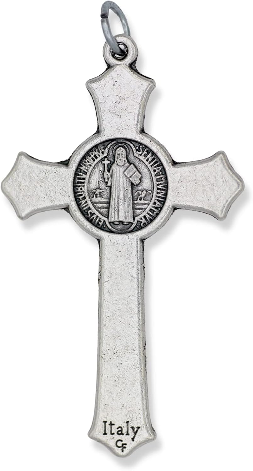Caritas et Fides Pack of 5 - St Benedict Crucifix Large (2 Inch, Silver Oxidized) Pendant for Necklace, Rosary Making Supplies - Made in Italy