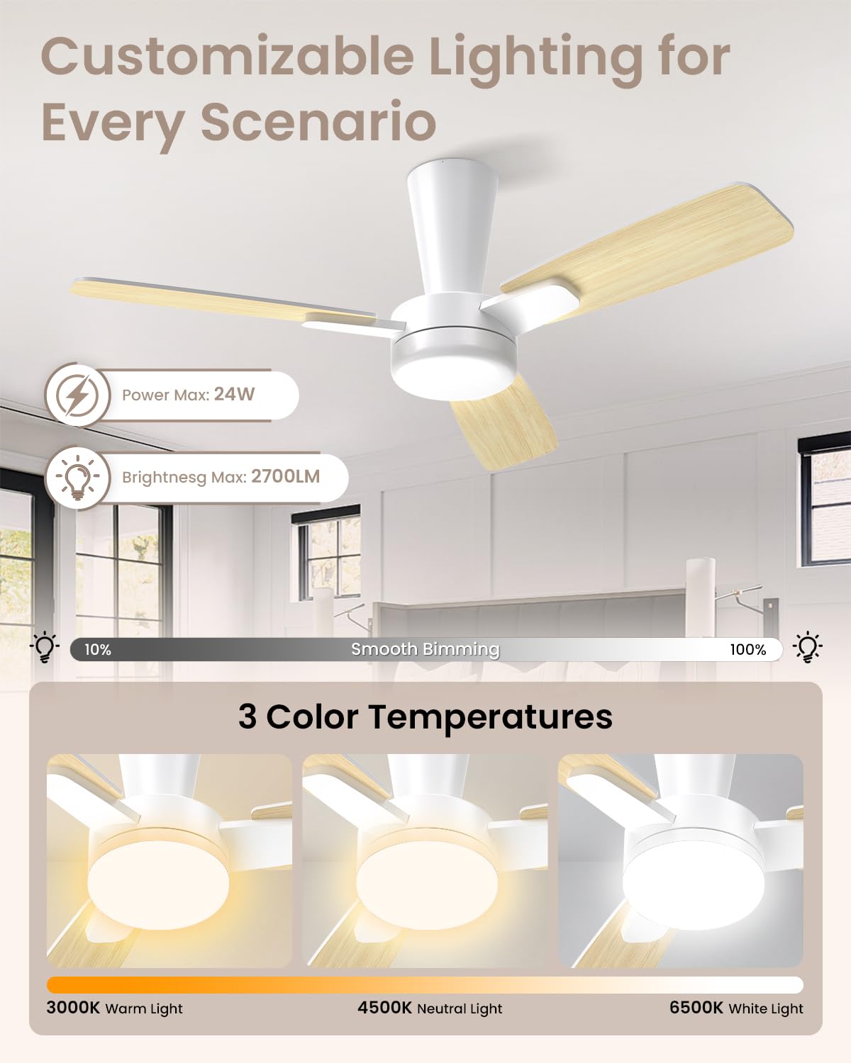 Deckenventilator mit Beleuchtung 106cm, Deckenventilator mit Licht und Fernbedienung, Leise Reversibel DC Motor, LED Dimmbar, 3 Snap-In-Flügel, Schlafzimmer Wohnzimmer, Gelbe Holzmaserung/Weiß