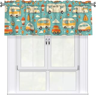 Cortina corta con cenefa de 137 x 45,7 cm, estampado Happy Camping, decoración del hogar, bloqueo de luz suave al tacto, para ventana de cocina y baño