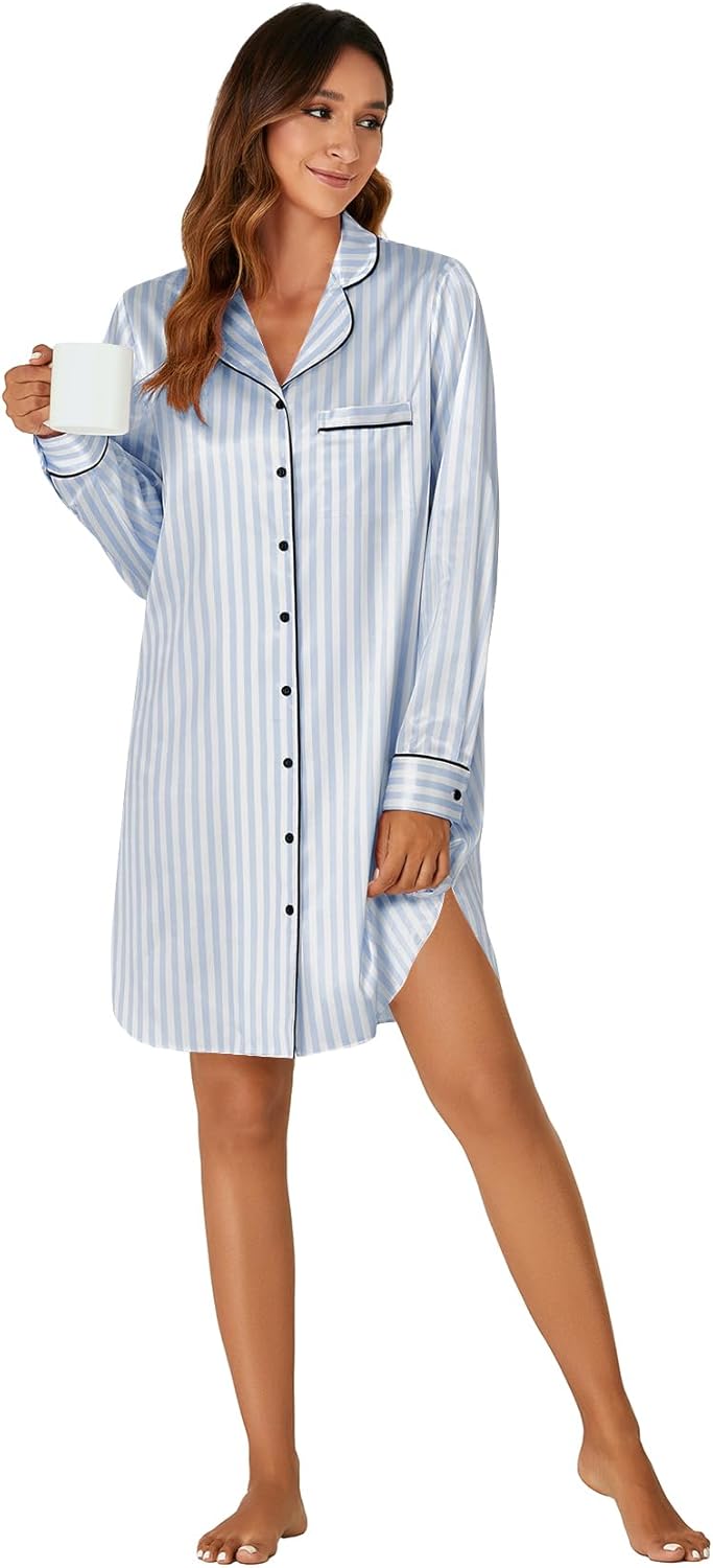 KIFOVEN Women's Silk Satin Striped Nightgown Button Down Collar V Neck Long Sleeve Nightshirt Nightdress - Image 6