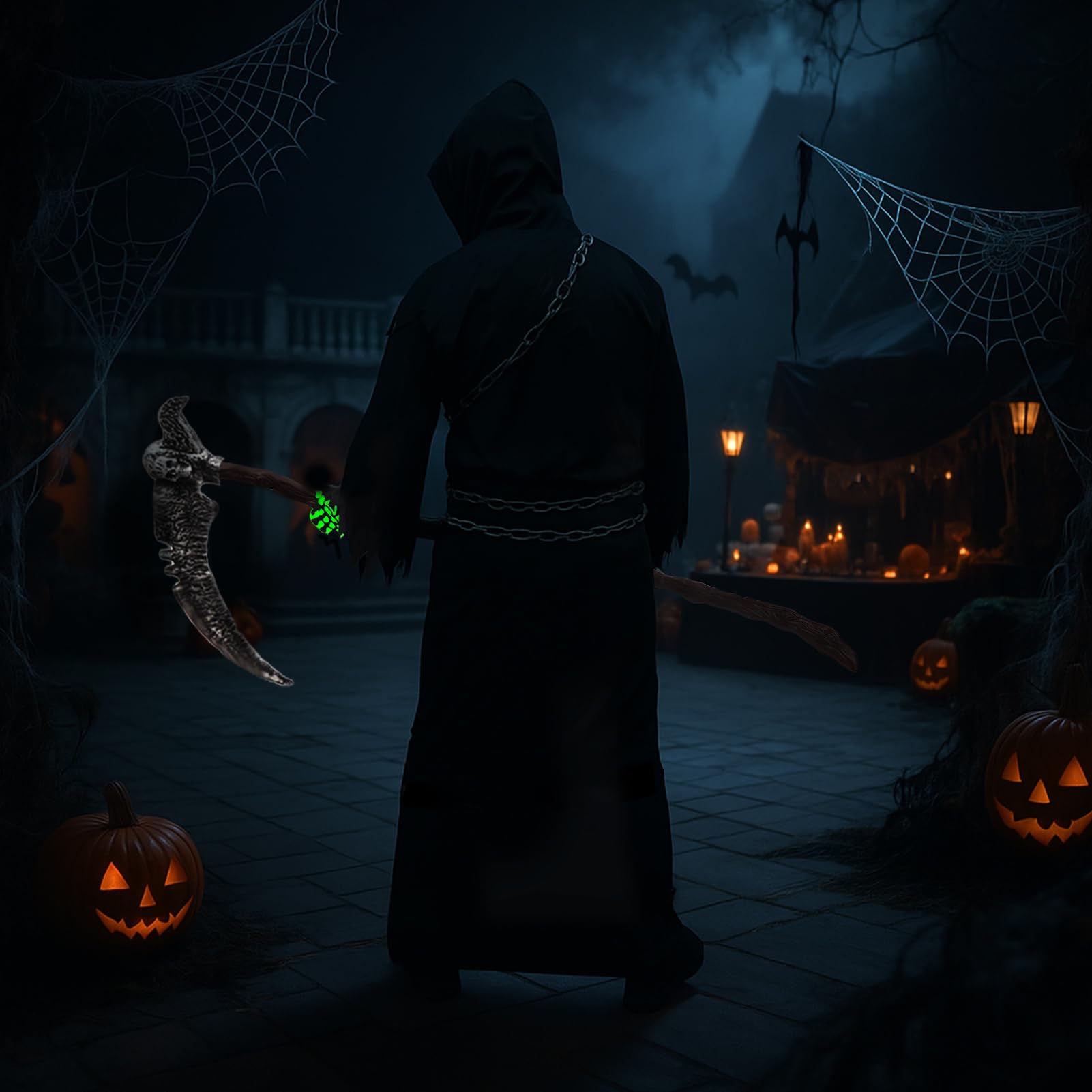 Kostium Grim Reaper dla dzieci z kosą i łańcuszkiem w talii, Deluxe Glow in The Dark Halloween kostium chłopca ponury żniwiarz Grim Reaper kostium na Halloween, karnawał, fantazyjny strój