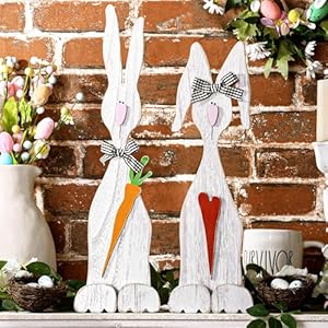 Easter Decorations Rustic Easter Bunny Couple Wooden Table Signs Farmhouse Spring Tabletop Centerpieces Wood Rabbits with Heart Carrot Easter Holiday Indoor Decor Gifts Party Supplies