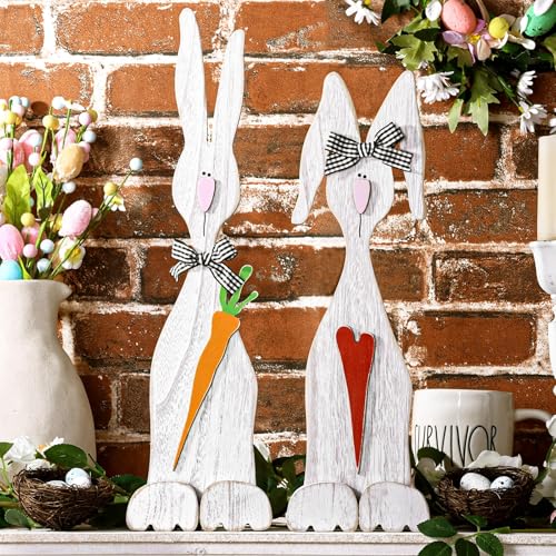 Easter Decorations Rustic Easter Bunny Couple Wooden Table Signs Farmhouse Spring Tabletop Centerpieces Wood Rabbits with Heart Carrot Easter Holiday Indoor Decor Gifts Party Supplies