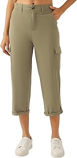Women's Cargo Capri Pants Lightweight Hiking Golf Work Pant with Pockets | Quick Dry, Half Elastic Waist with Belt Loops, Adaptable Hem, Petite/Tall Friendly, For Office Casual Outdoor Travel