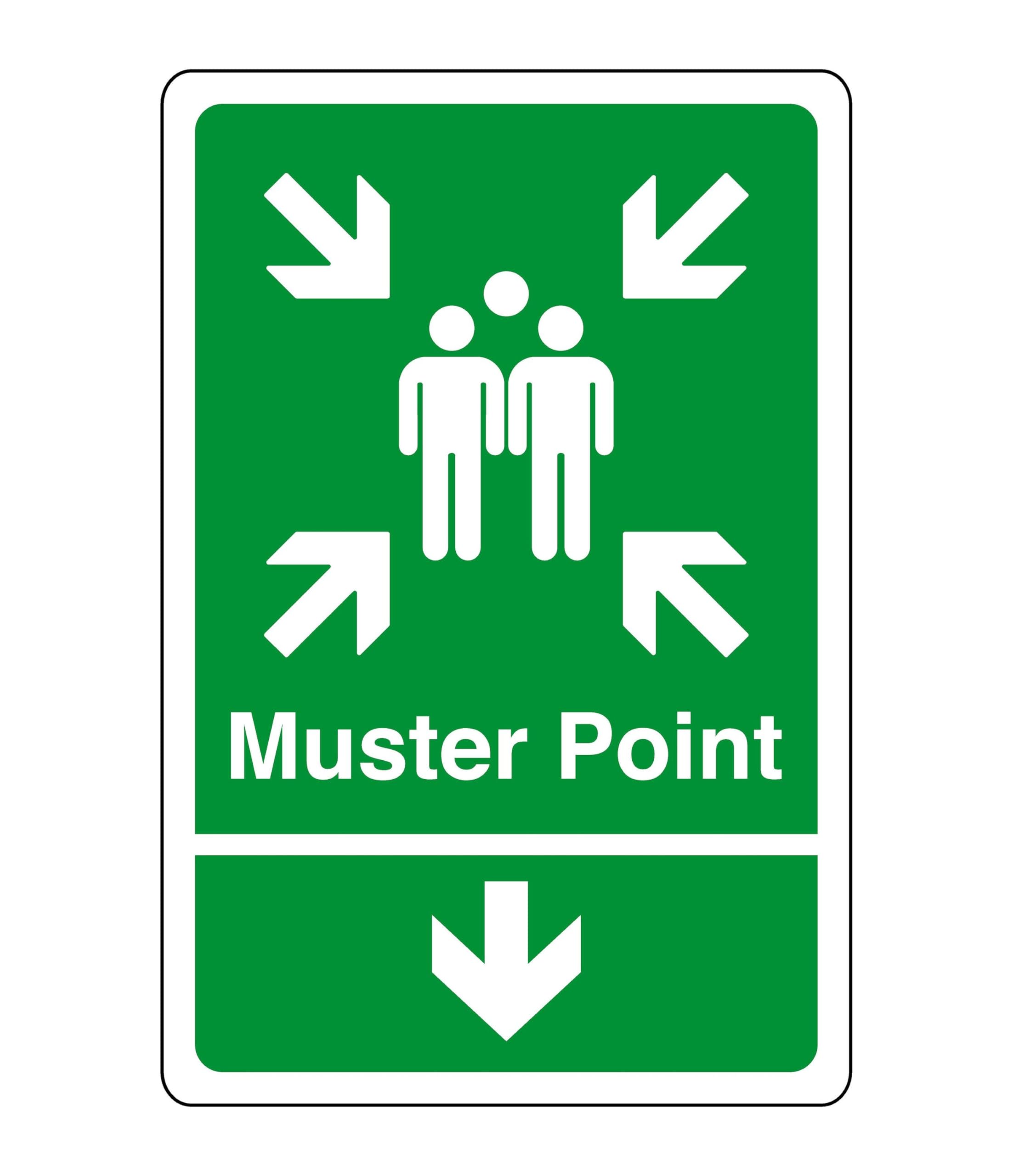 Safety First Display Ltd Green/White Muster Point Arrow Down Sign - Safety Sign - Business Signs, Carpark Safety Signs - High Tack Self-Adhesive Sticker (400Mm X 300Mm) Viewing Distance Within 14M.