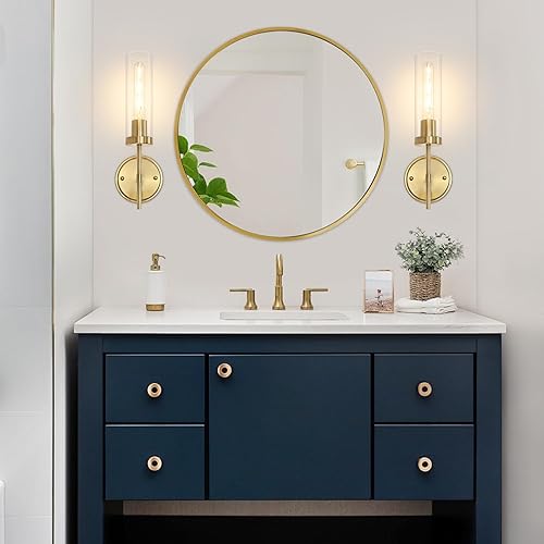 Miniatura 27 de Juego de 2 apliques de pared modernos, luces de tocador de baño negras y doradas con vidrio transparente, juego de 2 apliques de pared con cableado