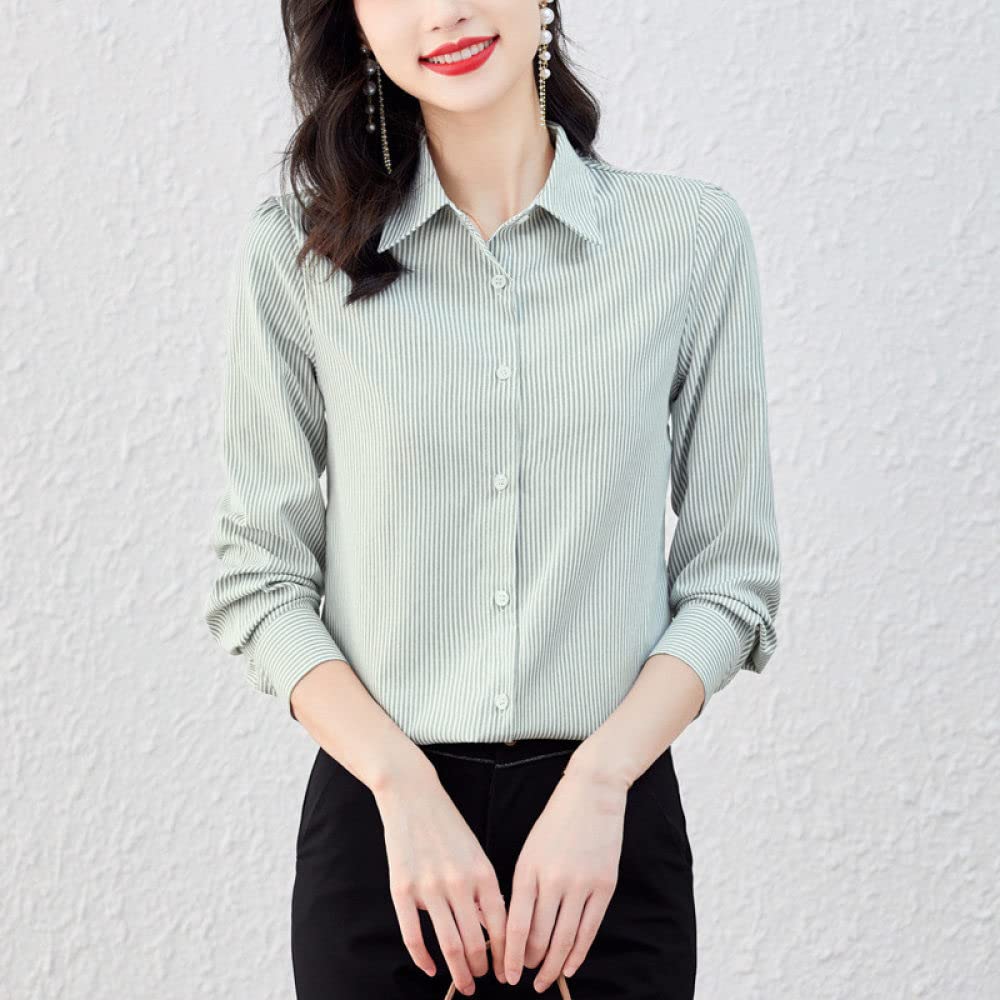 MIDJ Lockeres Damenhemd,Damen Leichte Streifen Revers Hemden Elegante Satin Bluse Hemd Langarm Tunika Chiffon Hemd Komfort Glanz Oberteile Lässige Büro Business Bluse Für Mädchen Damen,Grün,S