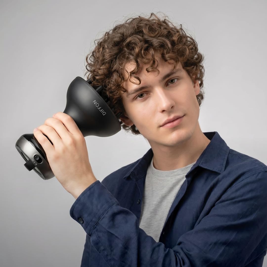 Imetec Diffon, Difusor Secador de Aire Caliente para Cabello Rizado de Hombre, Rizos Definidos Sin Encrespamiento, Tecnología Cerámica, 2 Niveles de Aire/Temperatura, Doble Tensión, 700 W, Negro