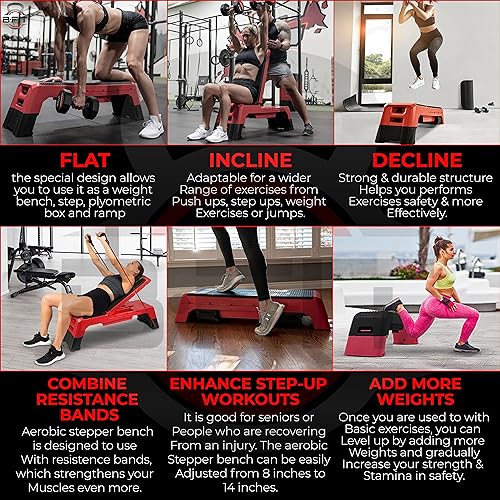 Image of B Fit Aerobic Step Platform Size : 120x30x20cm Multifunctional Aerobic Step Platform with 2 Riser Adjustable Platform Non-Slip Surface Exercise Step Platform (Color : Black and Red)