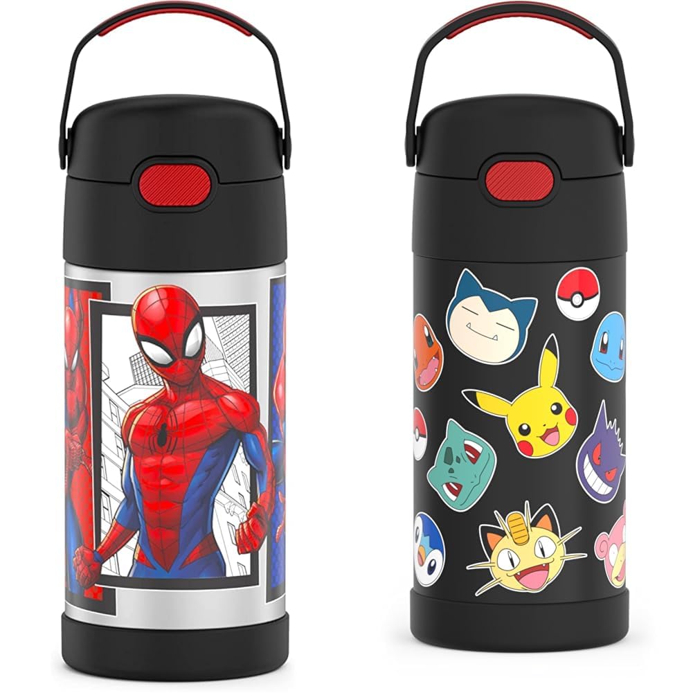 THERMOS Spider-Man Pok mon 12 Ounce Kids Insulated Water Bottles with Straw