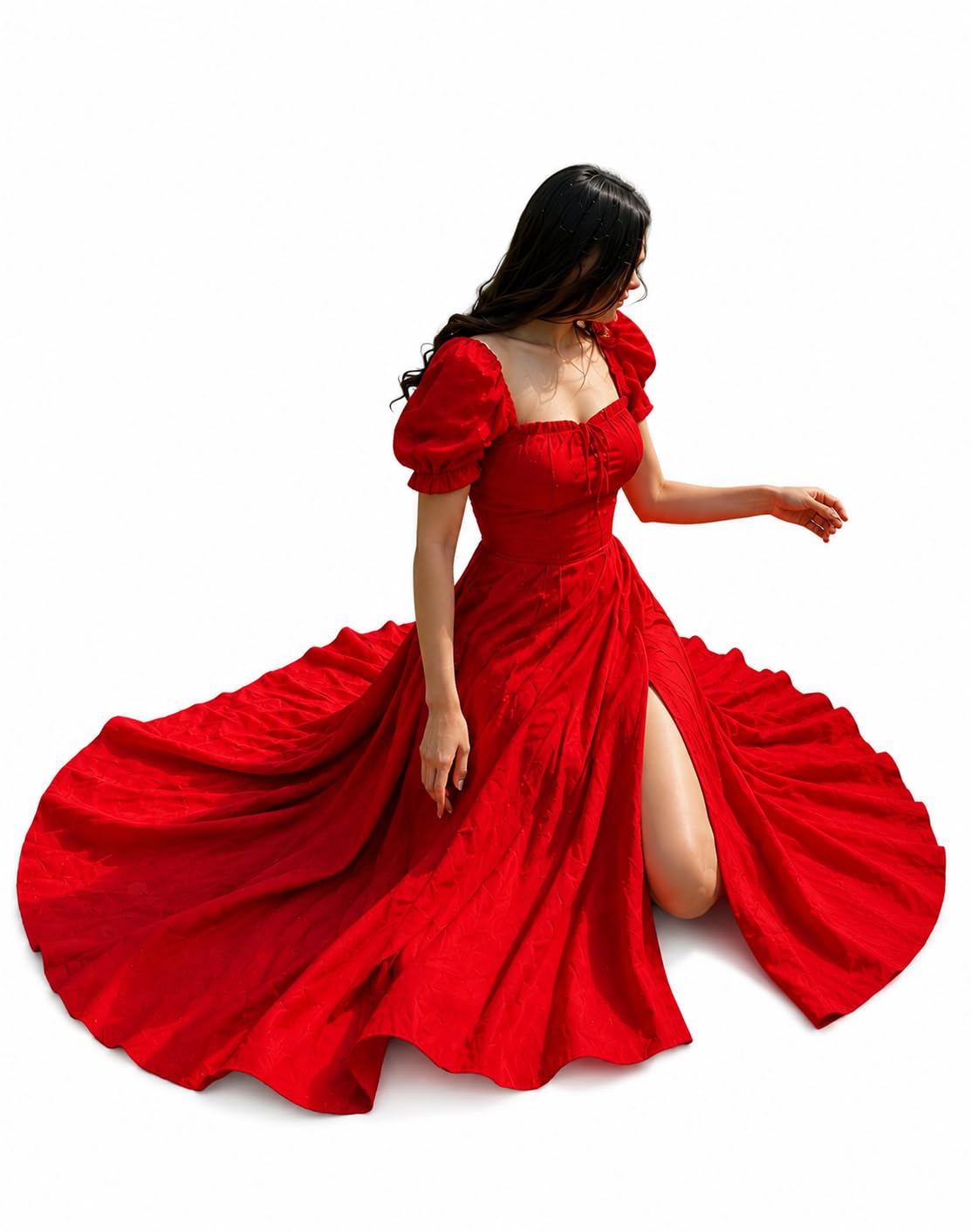 Red Maxi Dress with Puff Sleeves, Square Neckline & Thigh Slit-image-22