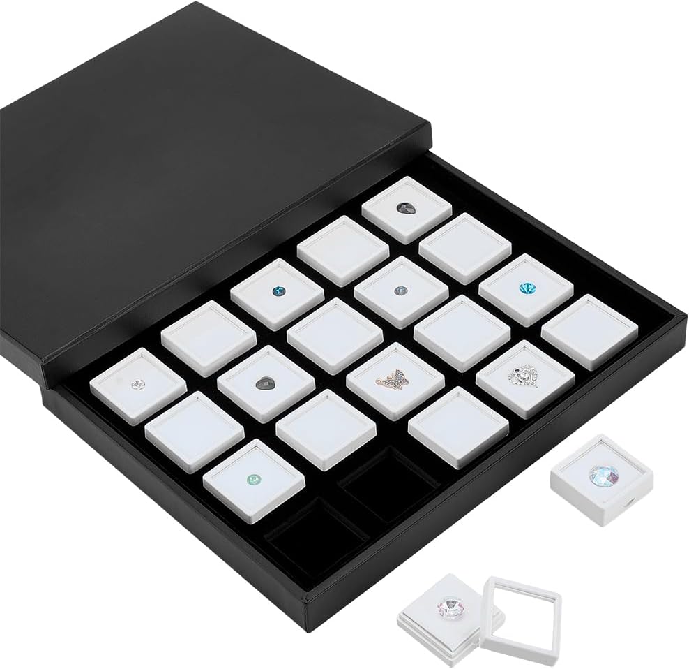 PH PandaHall Black Jewelry Box Trays with 20pcs White Small Square Boxes, Gem Boxes Diamond Display Case 1.6 inch Gemstone Display Box with Clear Window White Sponge Insert for Gem Diamond Ring