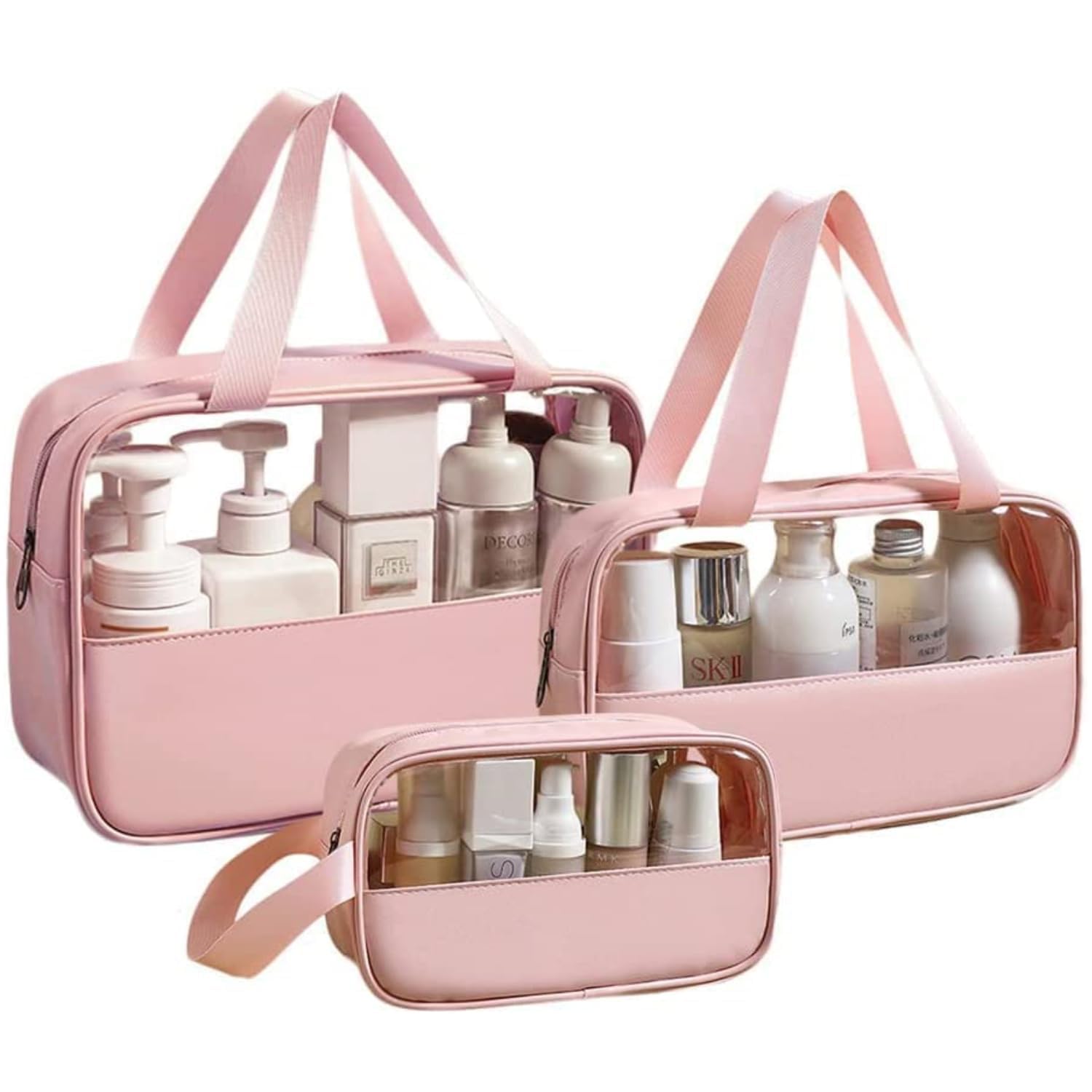 VORTEXA Travel Wash Bag Cosmetic Case Set of 3 Transparent Toiletry Organizer Pouches with Zipper Handle Makeup Brushes Bag for Travel, Skincare & Accessories Storage Pouch (Pink)-image-15