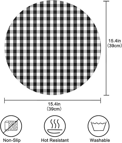 Miniatura 4 de Kigai Juego de 4 manteles individuales redondos a cuadros blancos y negros, antideslizantes, resistentes al calor, lavables, para decoración de mesa