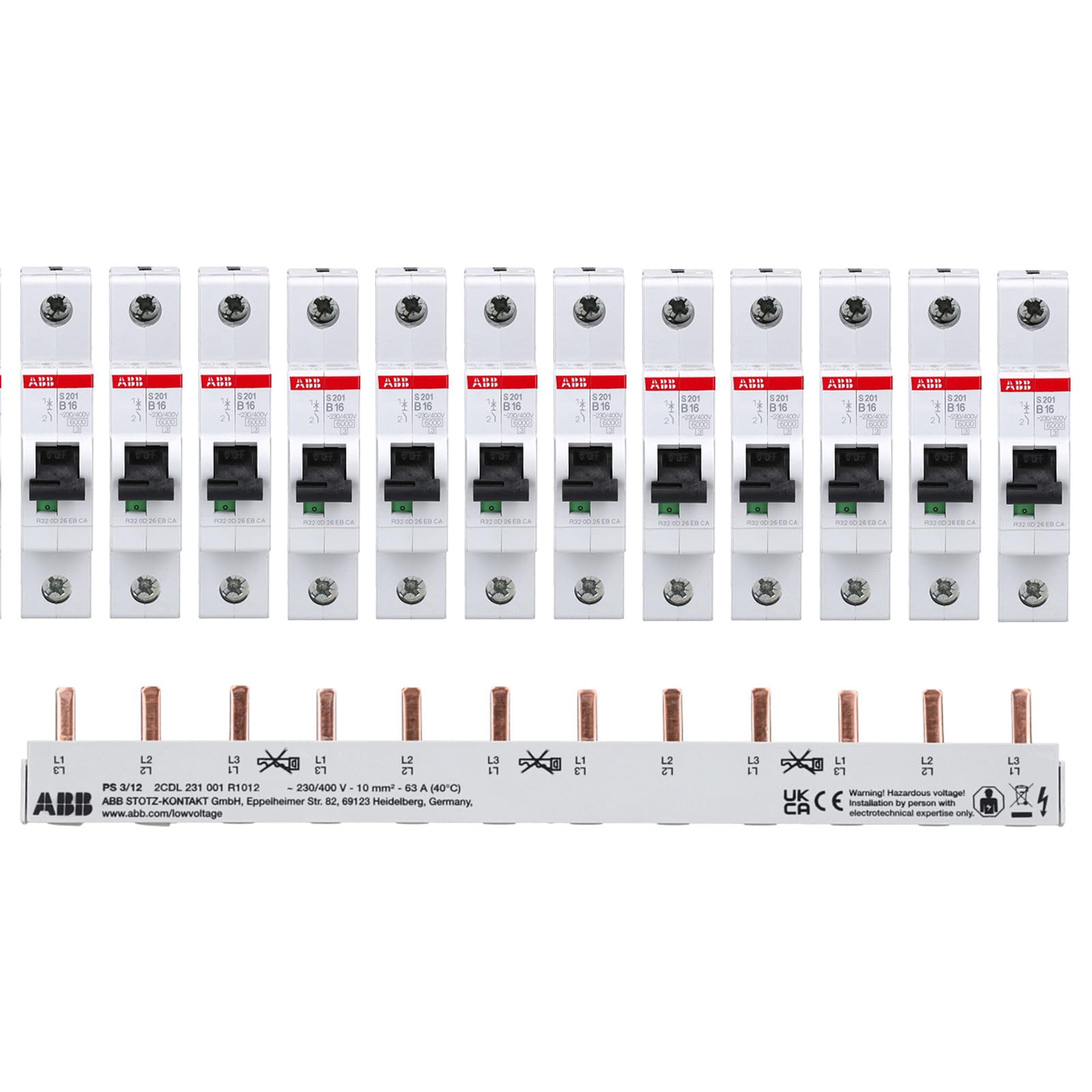 ABB Set 12x Leitungsschutzschalter S201-B16 + 1x PS3/12 Phasenschiene 3-polig