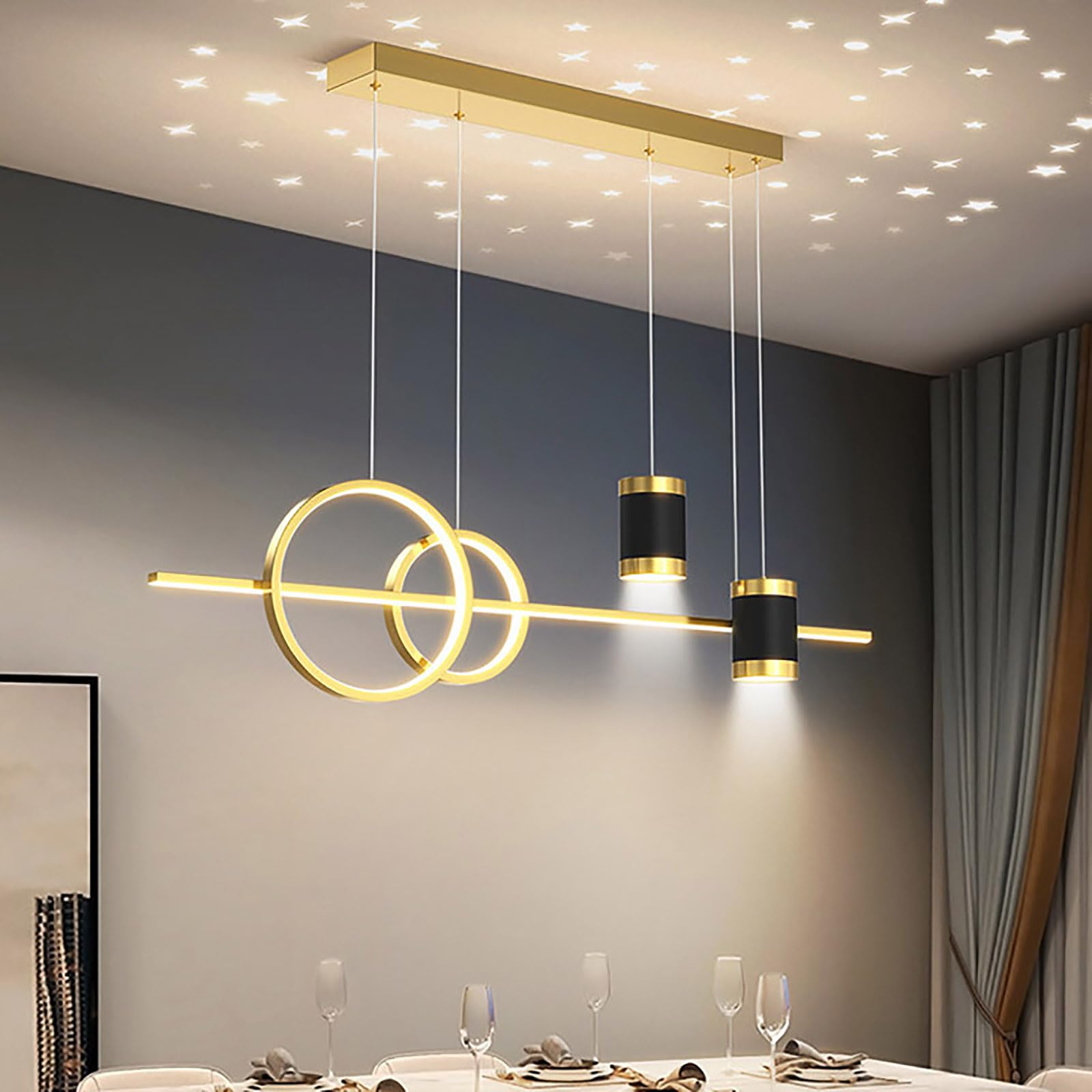 HYJAUSXB Modern Linear Led Pendant Light,dimmable Chandelier With Spotlights,adjustable Hanging Light Fixture For Kitchen Island,ceiling Star Sky Projection Dining Table Bedroom