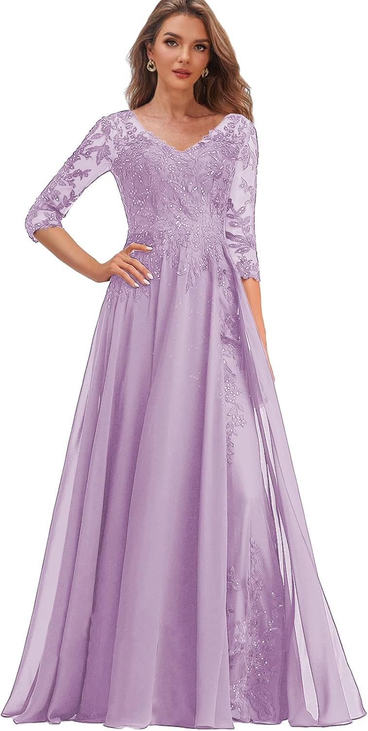 Sparkly mother of the bride dresses for women lace evening dress with  sleeves chiffon formal gown