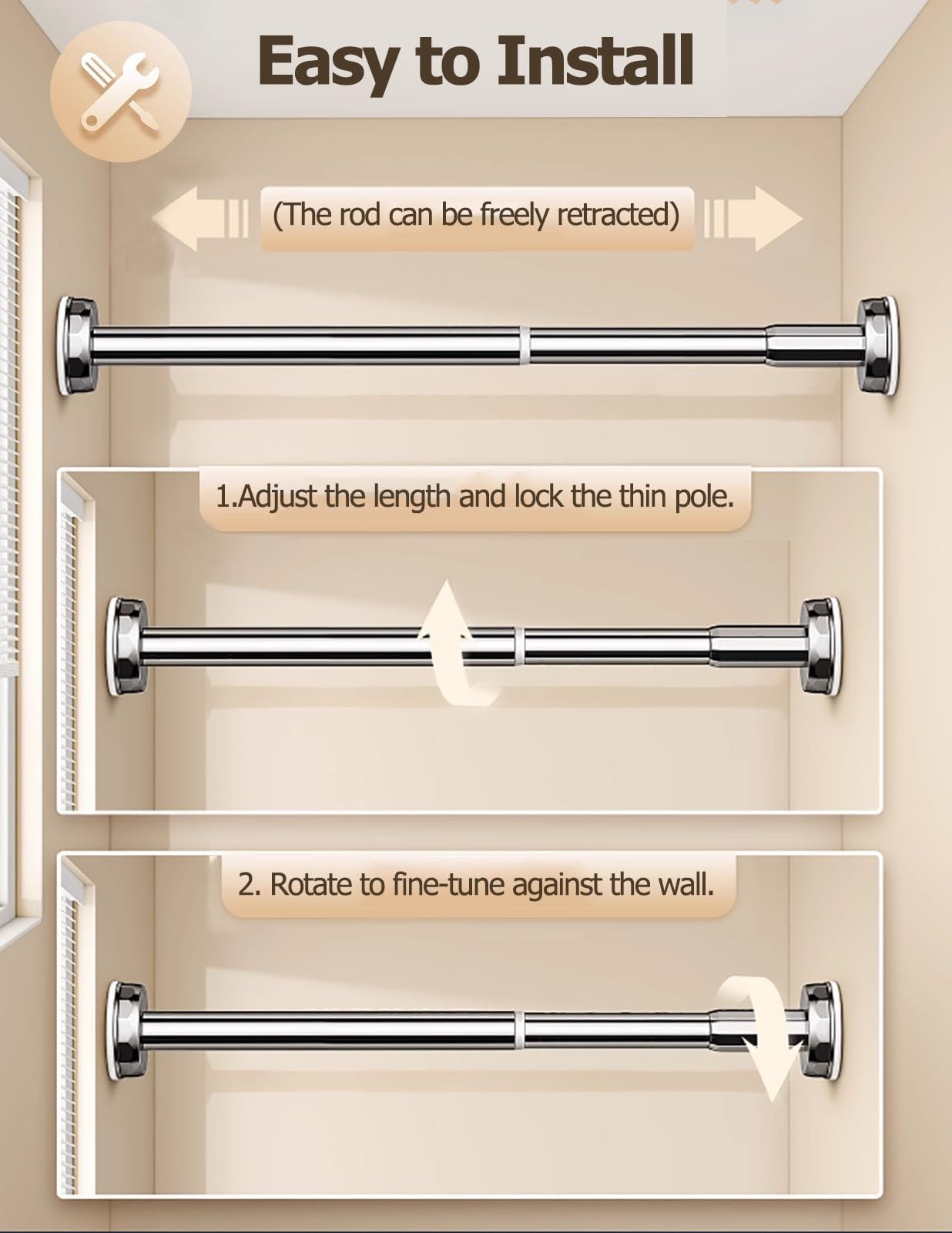 Tringle à Vêtements Dut Lourd Réglable Tringle De Penderie, Tube Industriel Acier Inoxydable Barre De Suspension De Vêtements/Tringles À Rideau De Douche, Pour Salle De Bain Fenêtres Chambres À Couch