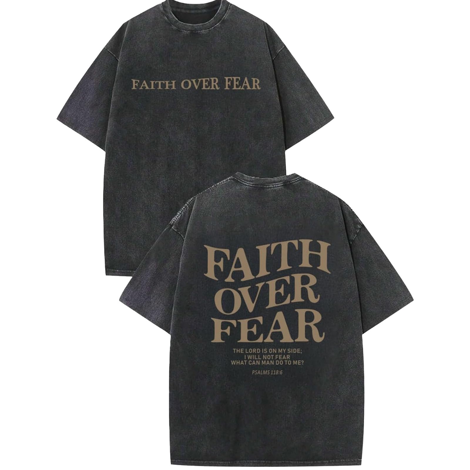 Tencipeda Faith Over Fear T-Shirts for Men & Women, Jesus Christian Religious Oversized Cotton Acid Wash Graphic T-Shirt (Black,M)