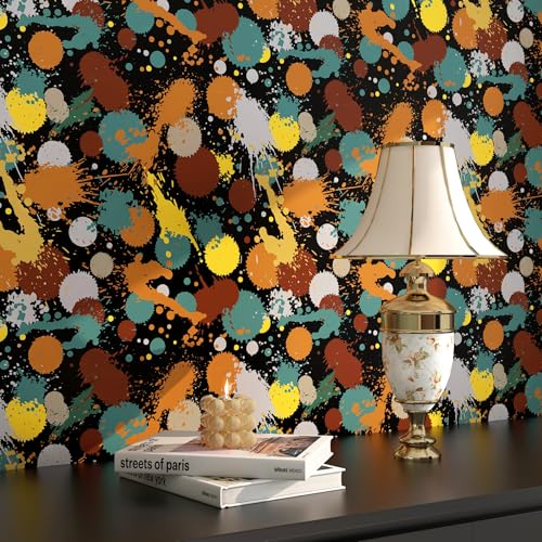 FunStick 17.5"x354" Colorful Dot Peel and Stick Wallpaper Removable Abstract Graffiti Orange Blue Yellow Black Accent Wallpaper for Bathroom Kids Room Renter Friendly Retro Contact Paper for Cabinets FunStick 17.5"x354" Colorful Dot Peel and Stick Wallpaper Removable Abstract Graffiti Orange Blue Yellow Black Accent Wallpaper for Bathroom Kids Room Renter Friendly Retro Contact Paper for Cabinets
