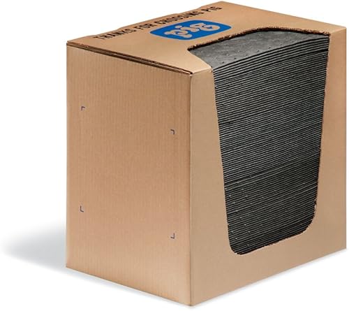 New Pig, 100 almohadillas en caja despachadora que absorben aceite, solventes, líquido refrigerante y agua, alta absorción de 12 onzas, de 13 pulgas