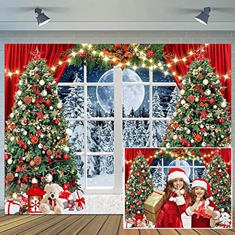 CYLYH 7x5ft Christmas Backdrop Christmas Window Backdrop for Photography Winter Xmas Tree Snow Gift New Year Party Backdrops Xmas Night Family Party Background Cover