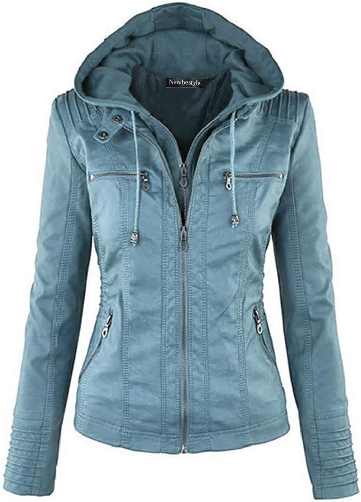 Faux Leather Jacket for Women Hooded Moto Biker Jacket Full Zip Pleated Overcoat Casual Coat Warm Tops