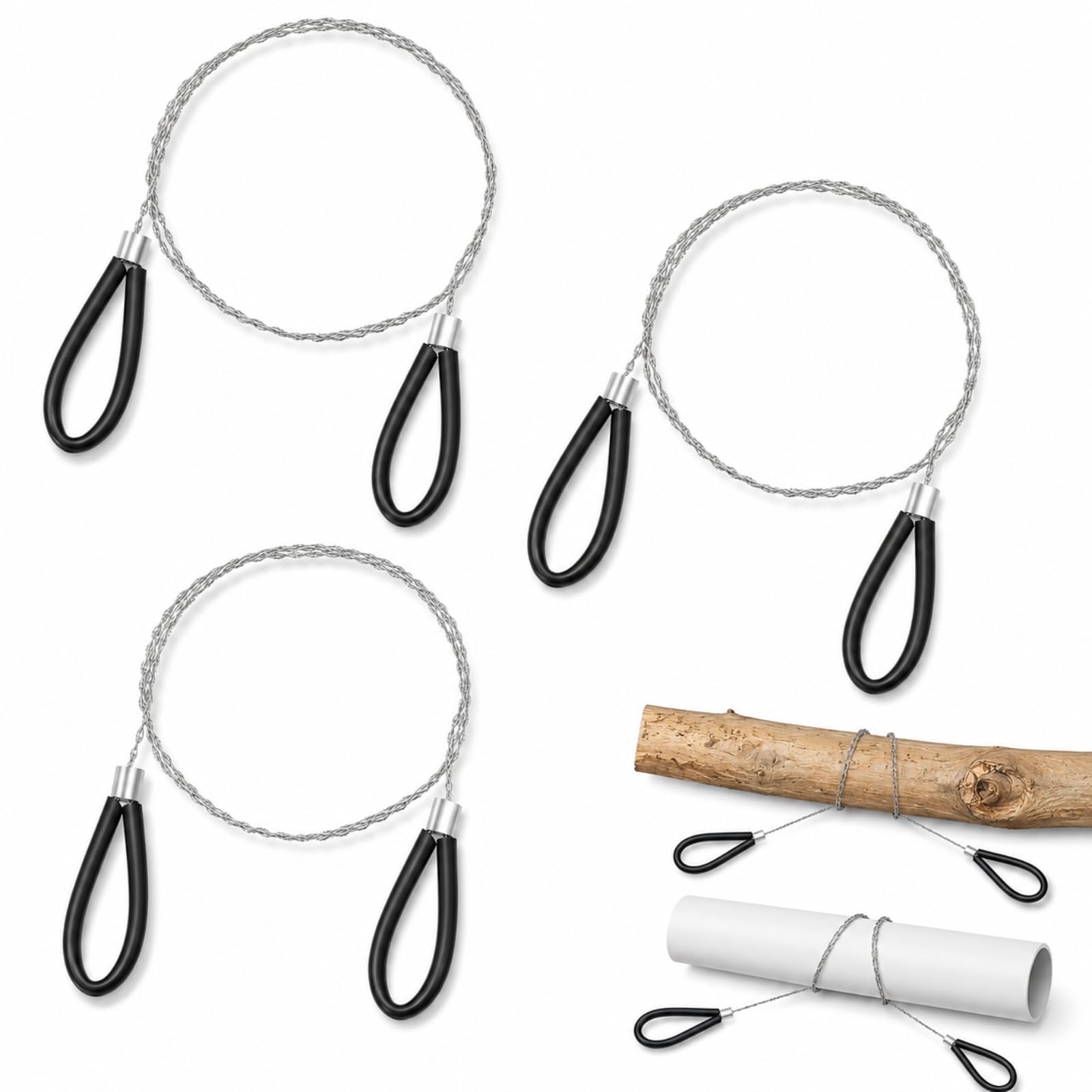 3 Pack Stainless Steel Cable Wire Saw with PVC Handles, 70 cm Pocket Wire Saw for Wood Cutting, Portable Survival Rope Saw for Camping, Hiking, Hunting & Bushcraft