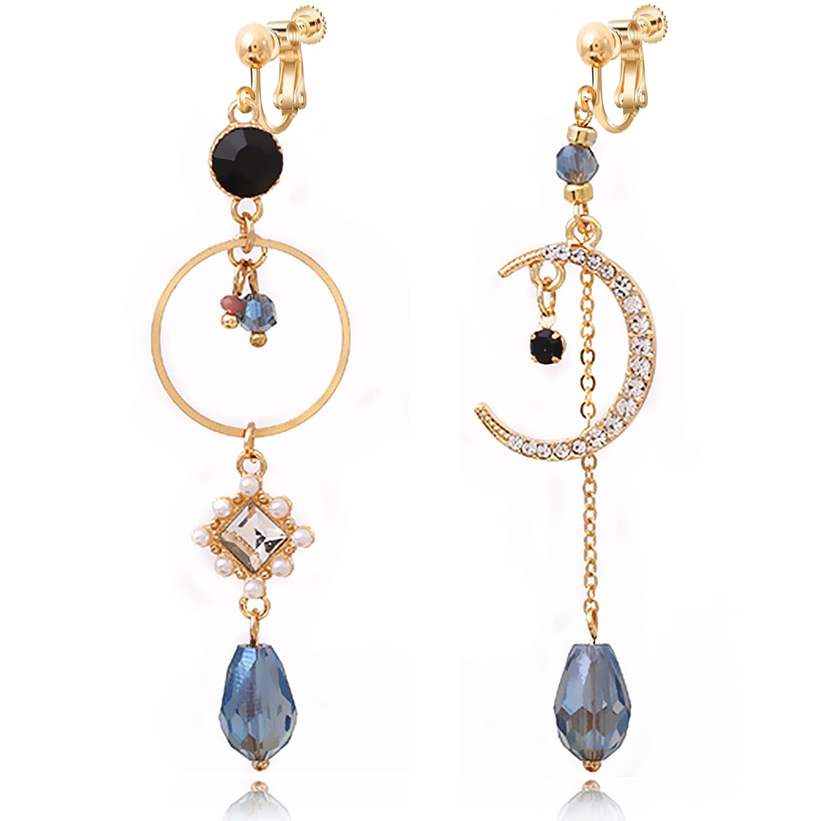 REELMAR Clip on Earrings for Women Dangle Asymmetrical Sun and Moon Earrings Gold-Plated Long Boho Earrings Dangling Chain Drops Bohemian Statement