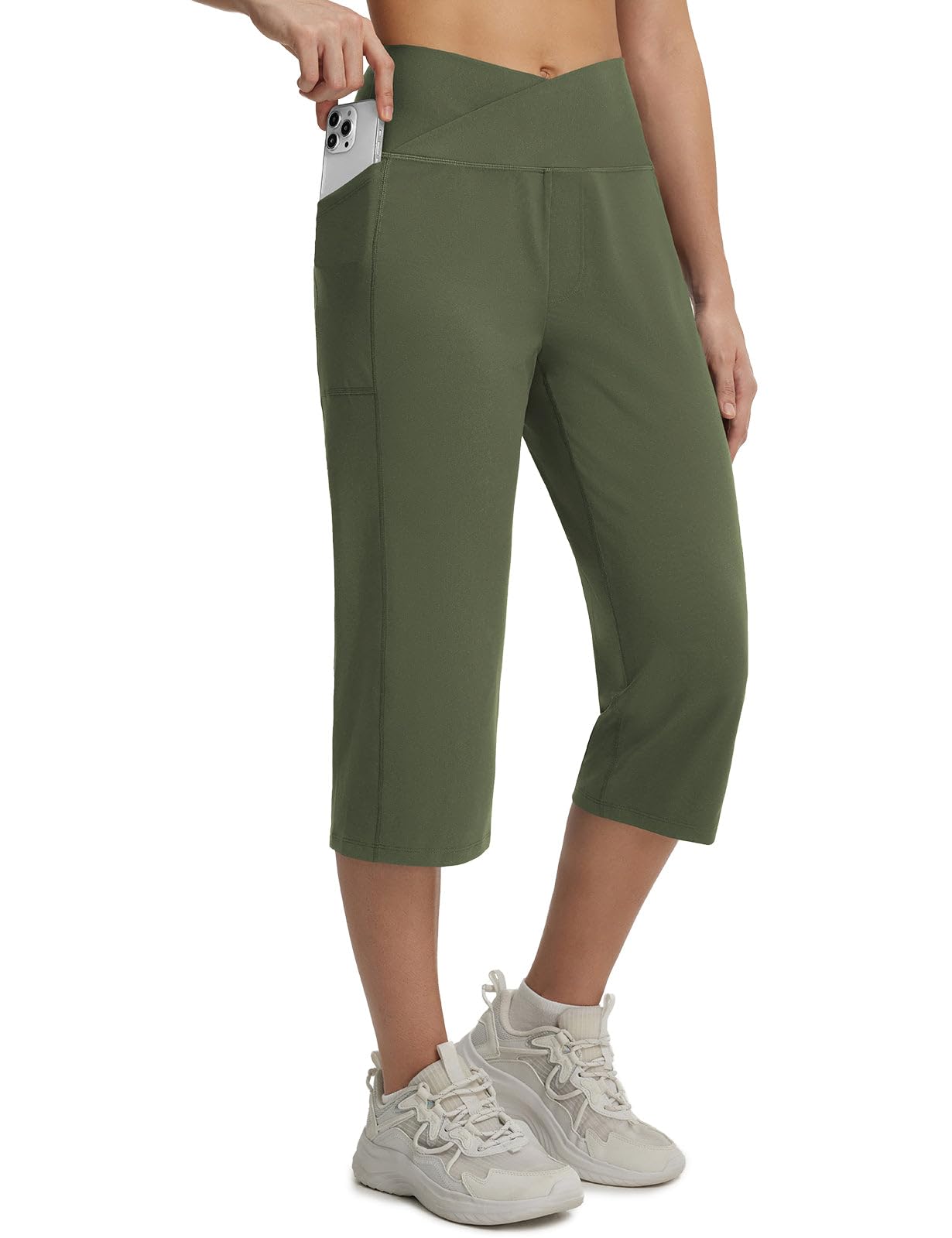baleaf Damen Yogahose Caprihose mit Taschen Sommer Hohe Taille Weite Bein Straighthose Lounge Jogginghose