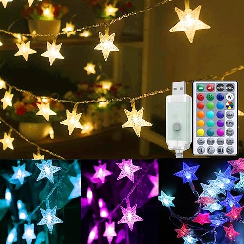 Miniatura 8 de Solhice Guirnalda de luces de estrella de 40 pies, 120 LED, luces parpadeantes que cambian de color blanco cálido y multicolor, luces colgantes