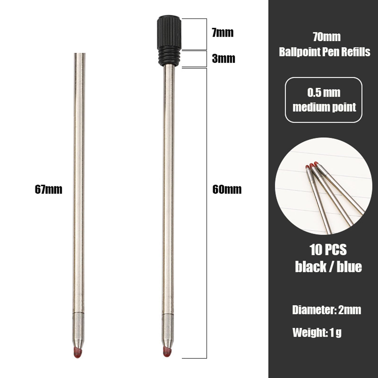 10PCS Metal Ballpoint Pen Refills, Pen Refills Black Ballpoint with 0.5mm Medium Tip, Length 7cm - Image 2