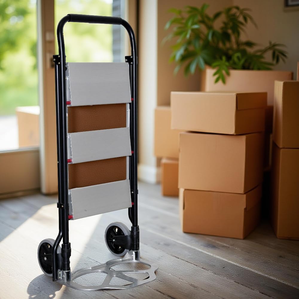 Scala-Carrello 2 in 1 - Pieghevole, 3 Gradini, Telaio di Acciaio, Ruote Pneumatiche, Portatutto, Design Anti-Scivolo, Resistente - Portata Massima 70kg