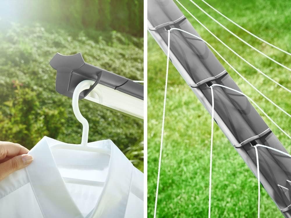 Leifheit Tendedero Rotatorio Linomatic 600 Plus, 60 m Retráctil | Altura regulable 1,09-1,75 m, tensor integrado, 8 ganchos para perchas, antracita, resistente a UV e intemperie