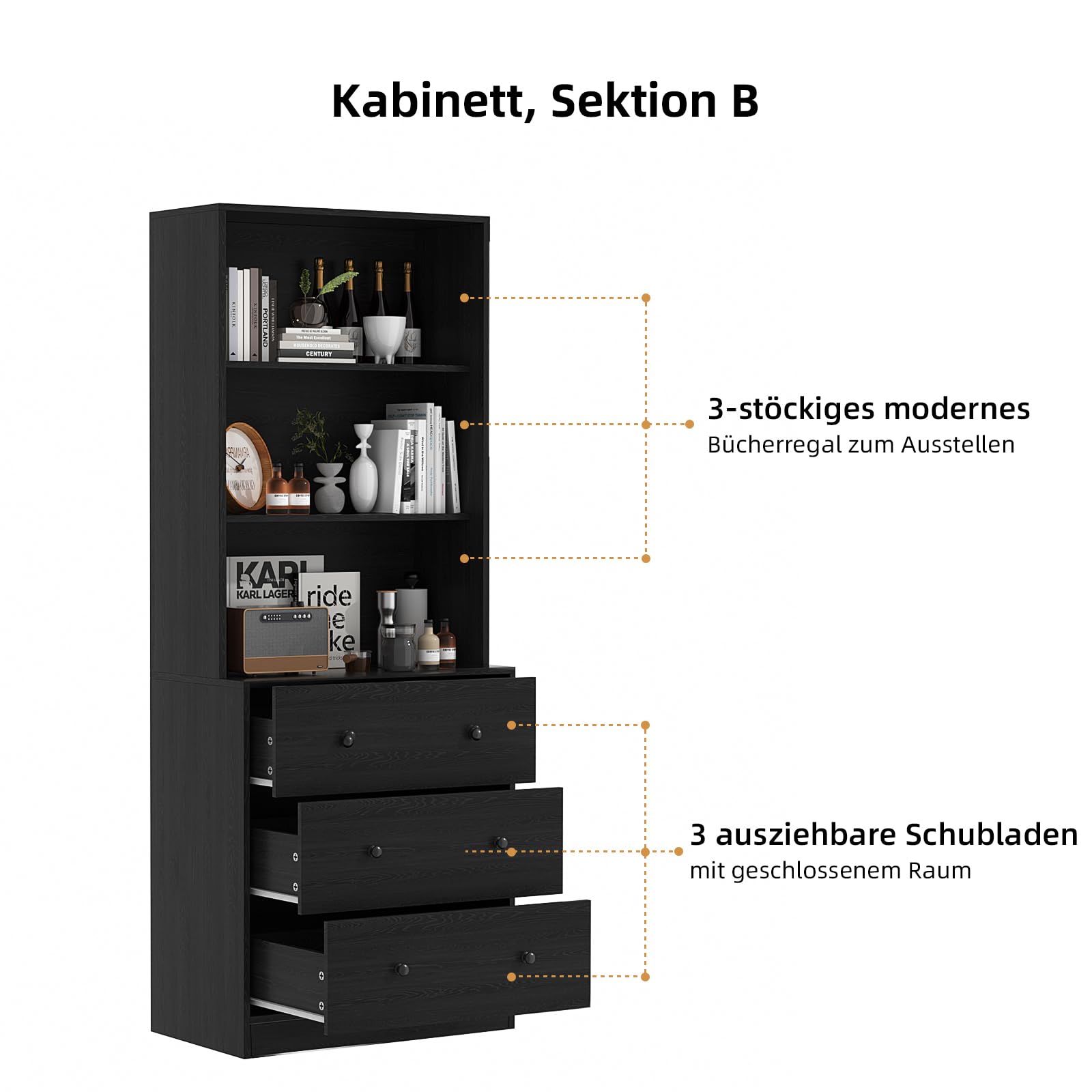 VOWNER 5-stöckiges Bücherregal mit Glastüren, 180 cm Vitrinenschrank, Küchenschränke, Küchenschrank Hochschrank, Buffetschrank für Küche, Wohnzimmer, Esszimmer, 4PCS (Schwarz)