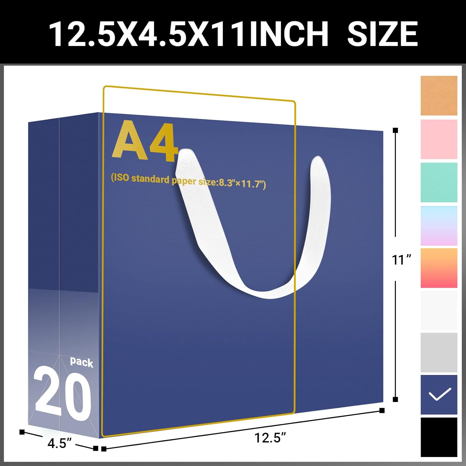 EUSOAR Large Navy Blue Gift Wrap Bags, 20 pack 12.5"x4.5"x11" Kraft Paper Shopping Bags with Handles Bulk, Retail Wrapping Bags for Business, Craft Grocery, Boutique, Party Favor, Wedding - Image 2