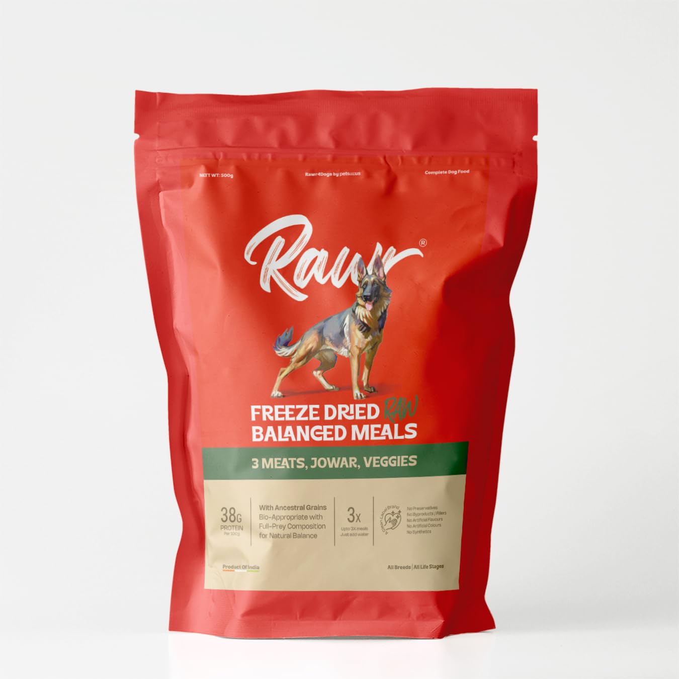 Rawr4Dogs | Freeze-Dried Balanced Meals | 3Meats, Veggies, & Jowar | Bio-Appropriate and Raw Nutrition | High Protein - Low Carb Recipe | 500 GMS | Makes 3X (1.5 Kg) Meals by Adding Water