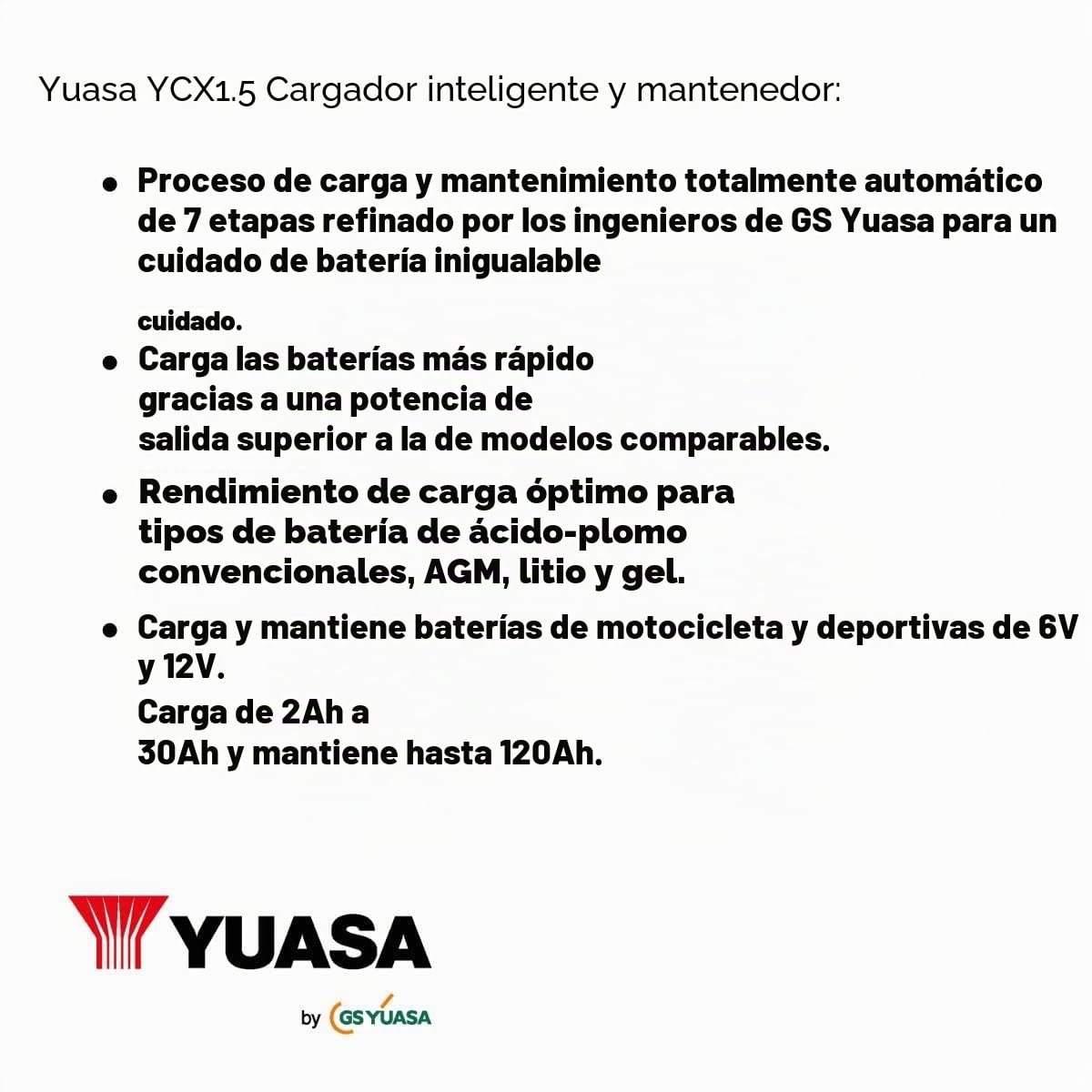 Yuasa YCX1.5 de 6/12 V y 1,5 A Cargador Inteligente de batería para Motocicleta