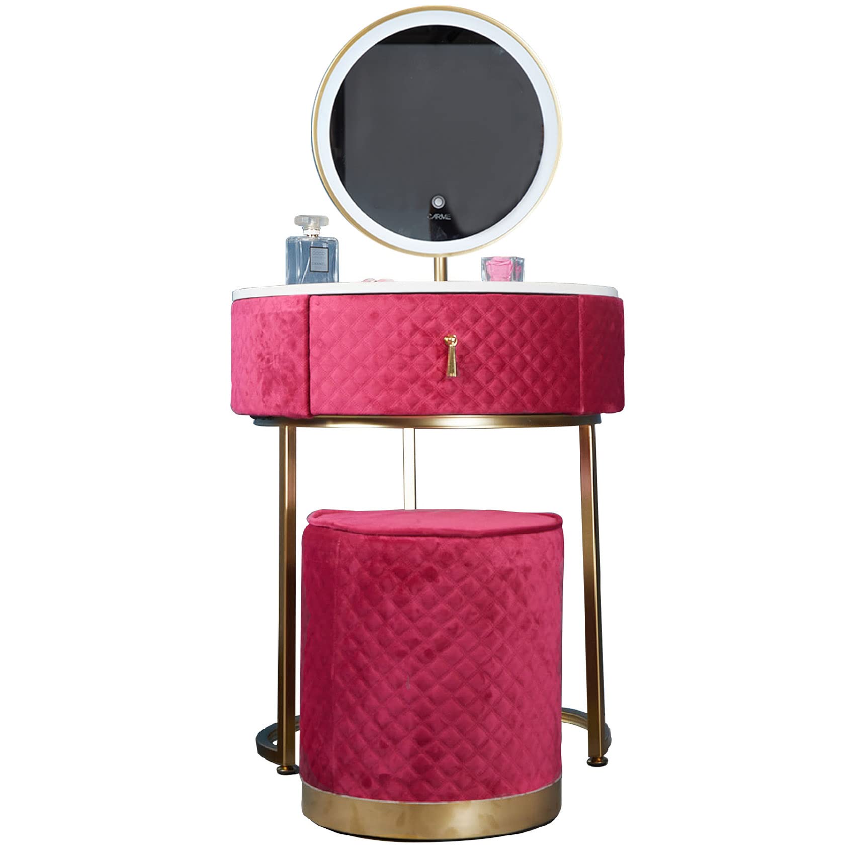 CARME Ibiza Bohemia Upholstered Quilted Velvet Dressing Table with Touch LED Mirror Lights 1 Drawer Stool Vanity Table Makeup Bedroom Furniture Modern Small Dresser Set (Ibiza Raspberry)