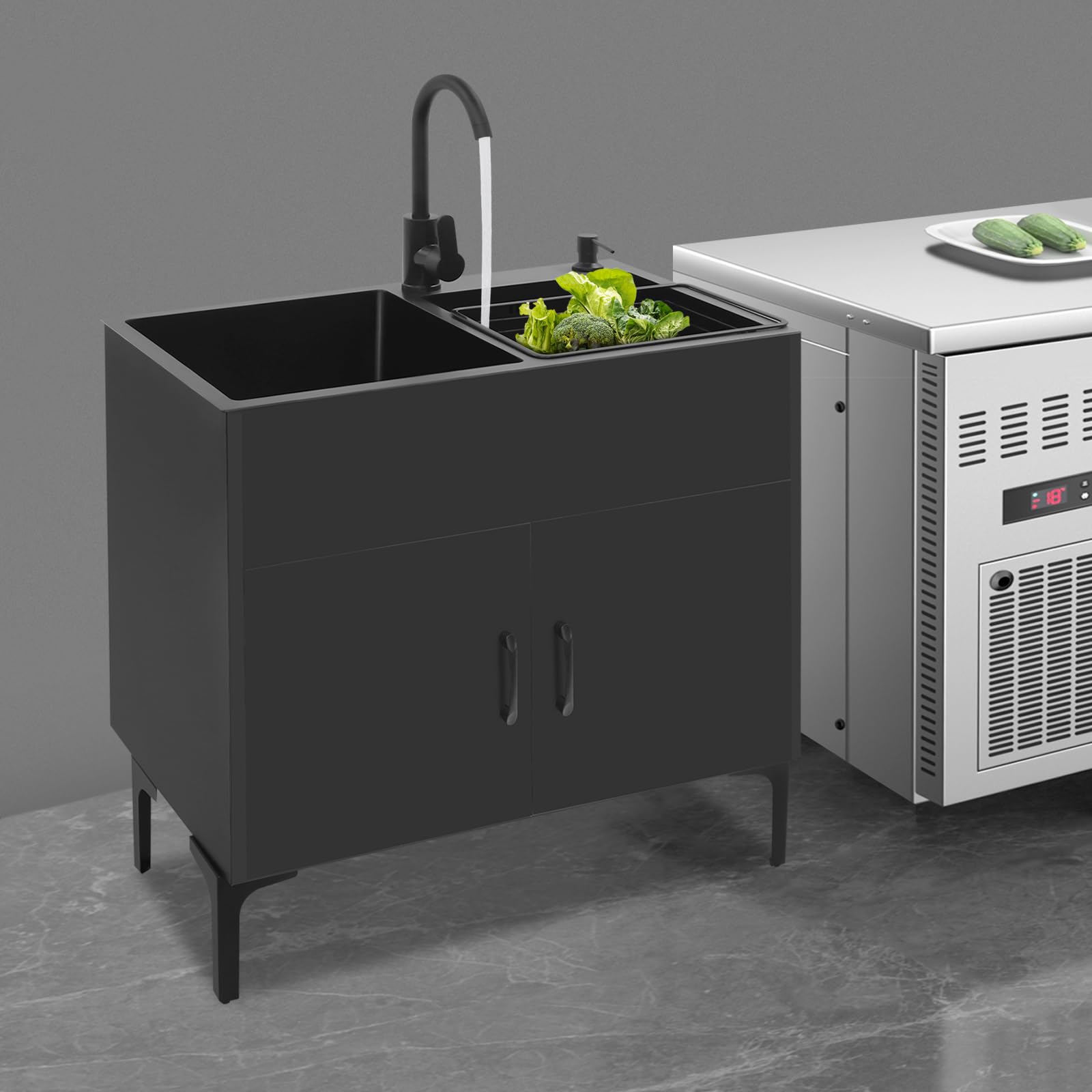Lavello da cucina autoportante con base e rubinetto, in acciaio inox con 2 vasche scolapiatti e scarico, per cucina, giardino, esterno, officina, lavanderia, campeggio (nero)