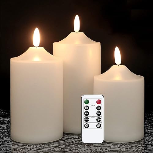 GenSwin Velas LED parpadeantes sin llama impermeables con control remoto y temporizador, velas de pilar de mecha 3D que funcionan con pilas para