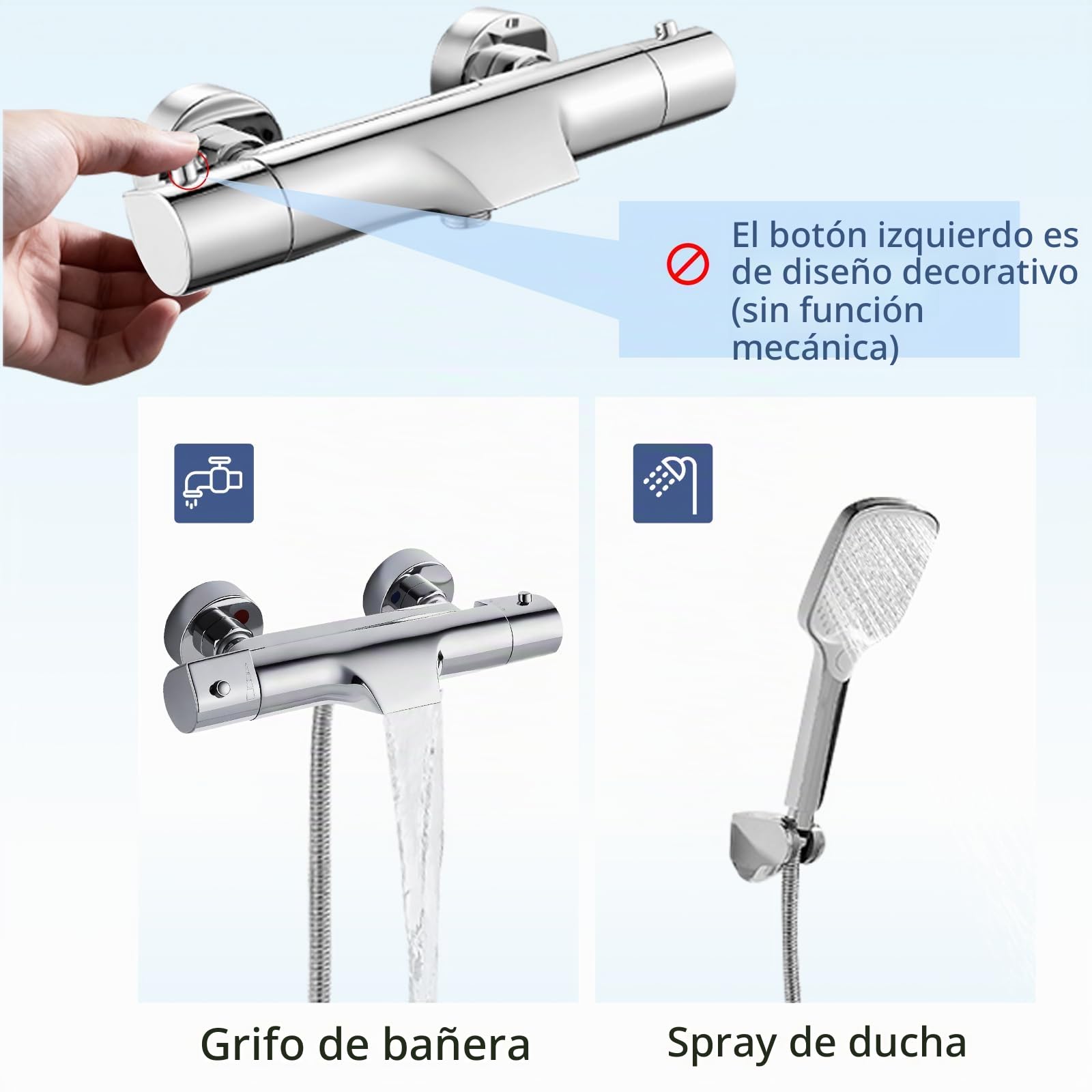 Grifo Ducha Termostático en Cascada Cromo, Grifo Termostatico Bañera con el Botón de Seguridad 38 ℃, Grifo Termostático para Bañera y Ducha de Latón con 2 Salidas de Agua, Montaje en Pared