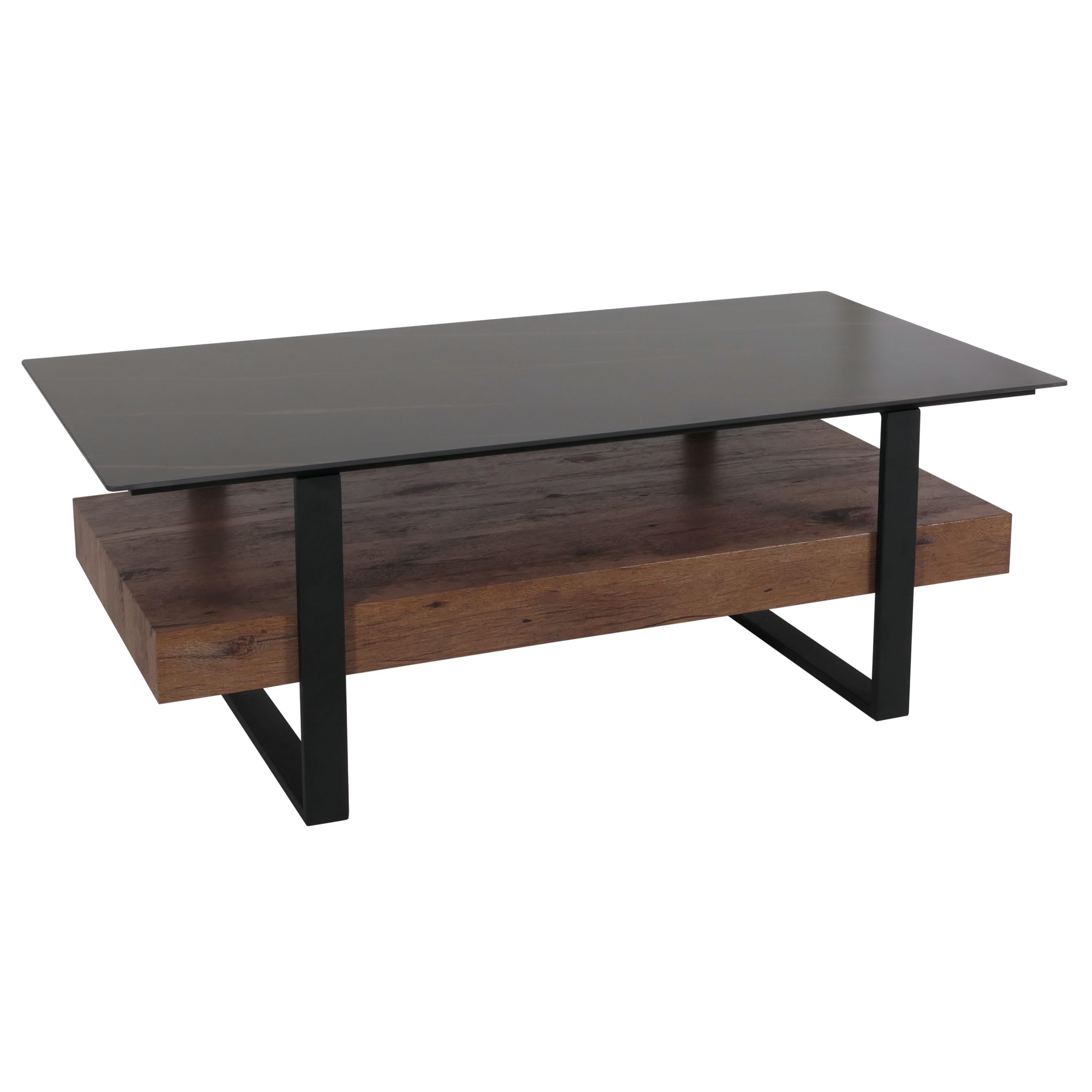COSTWAY Salontafel in marmerlook, woonkamertafel met onderste plank