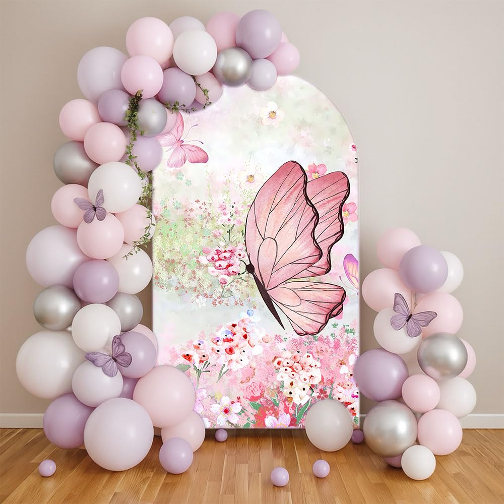 Butterfly Floral Garden Arch Backdrop Cover Double-Sided Arch Stand Stretchy Cover for Pink Birthday Party Wedding Parties Baby Shower Decorations (